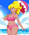 1girl big_breasts bikini breasts cleavage female female_only nintendo princess_peach solo_female speeds super_mario_bros. swimsuit tease umbrella