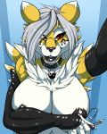 1girl 1girl anthro arm_warmers armwear big_breasts breasts clothing collar digimon eyebrows eyelashes eyewear fenrir_lunaris fur furry glasses hair looking_at_viewer multicolored_fur nipples red_eyes renamon rubber selfpic smile white_fur white_hair yellow_fur