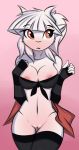  1girl alternate_species anthro blush bovid breasts caprine clothing fur furrification genitals goat goat_lucifer_(helltaker) hair helltaker high_res horn legwear looking_back lucifer_(helltaker) mammal nipples pussy red_eyes stockings twiren white_body white_fur white_hair white_horn 