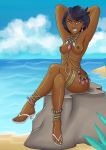  2017 areolae armpits arms_behind_head arms_up beach dark-skinned_female dark_skin green_nails hands_behind_head hentai-foundry looking_at_viewer lychee_(pokemon) nail_polish nude ocean olivia olivia_(pokemon) pokemon pokemon_(game) pokemon_sm rock sand signature sitting water 