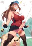 1girl 2017 anus artist_name ass ball_busting ballbusting bare_shoulders bdsm big_breasts breasts brown_hair choker cleavage clenched_teeth cum dated ejaculation erect_nipples erection female_protagonist_(pokemon_go) full-package_futanari futanari gloves green_eyes grin huge_breasts interspecies large_breasts long_hair mareep no_panties penis poke_ball pokeball pokemon pokemon_(game) pokemon_go pokemon_go_(trainer) sheep signature solo standing surprised tamakeri teeth testicles thighhighs trembling ultra_ball zheng