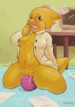 1girl 2015 alphys anthro anthro_only dildo dildo_in_pussy dildo_sitting female_masturbation female_only furry lizard monster monster_girl riding_dildo rinzy scalie sex_toy undertale undertale_(series) video_games yellow_body yellow_skin