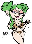  1girl atomickingboo bikini breasts cleavage female_only green_hair parenthesis parenthesis_humor print_bikini purple_eyes side-tie_bikini signature smile tease 