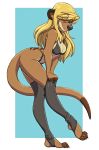  1girl 1girl 2017 anthro blonde_hair blue_eyes bra breasts cleavage clothed clothing furry hair high_res hobbsmeerkat legwear mammal meerkat mongoose panties stockings underwear 