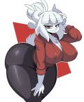 1girl 1girl 2020 5_fingers absurd_res anthro ass bangs bent_over big_ass big_breasts biped blunt_bangs bovid breasts caprine chest_tuft clothed clothing curvy_figure demon fingers fully_clothed fur goat goat_lucifer_(helltaker) hair hair_bun half-closed_eyes helltaker high_res horizontal_pupils horn long_sleeve_shirt looking_at_viewer lucifer_(helltaker) mammal monotone_body monotone_fur narrowed_eyes nipple_outline portrait pupils red_eyes rolled_up_sleeves scut_tail simple_background smile sssonic2 standing thick_thighs three-quarter_portrait three-quarter_view tuft voluptuous white_body white_fur white_hair wide_hips