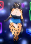 1girl 1girl 2016 anthro big_breasts black_hair breasts brown_eyes cleavage clothed clothing ear_piercing erect_nipples furry hair high_res huge_breasts hyena jewelry long_hair looking_at_viewer mammal nipple_bulge nipples piercing pigtails ryousakai shirt shorts skimpy smile spots spotted_hyena standing thick_thighs