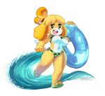 1girl 1girl 2017 animal_crossing anthro beady_eyes bell bikini breasts canine clothing coolblue dog flip_flops furry hair inner_tube isabelle_(animal_crossing) looking_at_viewer mammal navel nintendo nipple_slip nipples open_mouth running sea shih_tzu smile swimsuit thick_thighs video_games wardrobe_malfunction water