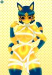 animal_crossing ankha ankha_(animal_crossing) anthro bandages big_breasts blue_eyes blue_hair breasts cat cat_girl cleavage feline female furry looking_at_viewer nintendo razplus solo underboob yellow_skin