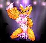  1girl 2017 anthro big_breasts black_sclera blue_eyes blush breasts canine chest_tuft chippo claws crouching dancing digimon female_renamon fox fur furry hands_behind_head inside looking_at_viewer mammal nipples nude pole pole_dancing pussy renamon smile stripper stripper_pole tuft wide_hips 