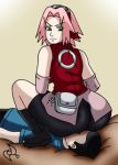 1boy 1girl ass bike_shorts boots elbow_gloves facesitting green_eyes hairband large_ass looking_back looking_down naruto omarsin pink_hair sakura_haruno simple_background straddling