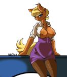  1girl 1girl 2013 anthro anthrofied avante92 big_breasts blonde_hair blue_eyes breasts clothing desk earth_pony equine friendship_is_magic furry hair high_res horse jewelry legwear looking_at_viewer mammal ms_harshwhinny_(mlp) my_little_pony necklace piercing pony simple_background skirt stockings white_background 