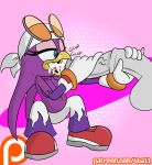  1girl 2017 animal_genitalia animal_penis anthro avian bandanna beak big_breasts bird blue_eyes breasts clothed clothing digital_media_(artwork) equine_penis eyewear feathers fourball furry gloves high_res lagomorph mammal open_mouth penis sega simple_background sonic_riders swallow_(bird) video_games wave_the_swallow 