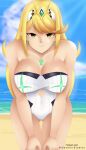  1girl alluring bare_legs beach big_breasts bikini blonde_hair blue_sky cleavage mythra nidavellirstudios nintendo ocean one-piece_bikini seductive_female xenoblade_(series) xenoblade_chronicles_2 yellow_eyes 