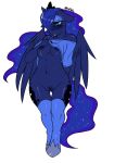 1girl 1girl 2013 anthro anthrofied avante92 blue_eyes blue_feathers blue_hair breasts clothing equine feathered_wings feathers friendship_is_magic furry hair high_res horn legwear mammal my_little_pony navel nipples nude one_breast_out open_mouth princess_luna_(mlp) pussy stockings winged_unicorn wings