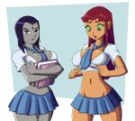 2girls big_breasts books breasts cleavage dc dc_comics dcau female female_only green_eyes raven_(dc) ravenravenraven red_hair school_girl school_uniform starfire teen_titans