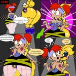 2_girls animatronic breast_squeeze breasts cleaning_lady comic dexter's_laboratory dexter's_mom dialogue fat_ass five_nights_at_freddy's_2 hand_on_pussy huge_breasts pyramid_(artist) surprised touching_body toy_chica toy_chica_(eroticphobia) younger_female yuri