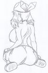 ass big_ass big_breasts bike_shorts dat_ass drawing gloves haruka_(pokemon) huge_ass huge_breasts may moaja monochrome pokemon pokemon_(anime) porkyman shoes shorts sideboob sitting sketch sneakers topless