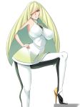 big_breasts blonde blonde_hair breasts covered_nipples hair_over_one_eye hand_on_hip huge_breasts large_breasts leg_up long_hair looking_at_viewer lusamine milf non-nude pokemon pokemon_sm tamezou very_long_hair