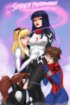 4girls anya_corazon black_hair blonde_hair blue_eyes brown_eyes brown_hair cindy_moon flick_(artist) ghost_spider gwen_stacy headband heart_eyes hypnosis marvel marvel_comics mayday_parker mind_control non-nude ponytail short_hair silk silk_(marvel) spider-girl spider-gwen spider-man_(series) spider-woman yuri