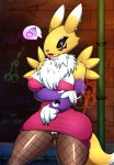  1girl 2017 alley anthro areolae big_breasts breasts chest_tuft cigarette clothing digimon dress ear_piercing fishnet furry genital_piercing highres legwear nipples piercing prostitution pussy pussy_piercing renamon smoking speech_bubble stockings tohidetoblaze_(artist) tongue tongue_out tongue_piercing torn_clothing tuft 