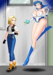  2_girls 2girls ami_mizuno android_18 ass big_ass big_breasts bishoujo_senshi_sailor_moon blue_boots blue_eyes blue_hair bluebullpen boots breasts cameltoe cleavage clothed crossover dragon_ball dragon_ball_z elbow_gloves erect_nipples female female_only gloves heeled_boots high_heel_boots hypnotic_screen mind_control mizuno_ami nipples sailor_mercury sailor_moon short_hair spiral_eyes tiara yellow_hair 