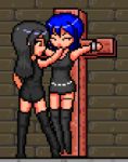 2_girls animated animated_gif black_hair blue_hair cross fingering gif kissing multiple_girls original pixel_art playing_with_breasts tied_up yuri