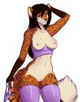  1girl 1girl anthro areola black_nose breasts brown_hair clitoral_hood clitoris clothing erect_nipples feline fur furry hair leggings legwear long_hair looking_at_viewer mammal navel nipples panties porin pussy rubber smile standing stockings stockings teeth underwear wide_hips yellow_eyes 