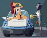 2girls big_breasts breasts car cleavage dc dc_comics dcau female female_only raven_(dc) ravenravenraven see-through starfire t-shirt tease teen_titans vehicle wet wet_t-shirt yuri