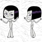 1girl bald_pussy barefoot bob_cut completely_nude completely_nude_female dat_ass dc_comics dcau forehead_jewel grey_skin lying_on_back lying_on_stomach multiple_poses purple_eyes purple_hair raven_(dc) short_hair smile tagme teen_titans teen_titans_go