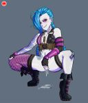 1girl biting_lip female female_masturbation female_only fingering_self fingerless_gloves jinx_(league_of_legends) jlullaby league_of_legends pussy pussy_juice pussy_juice_drip solo_female spread_legs squat squatting vaginal_fingering