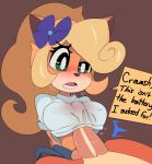 1girl 2017 anthro bandicoot blonde_hair blush breasts brother brother_and_sister brown_background captaineaglesmut clothed clothed_sex clothing coco_bandicoot crash_bandicoot crash_bandicoot_(series) digital_media_(artwork) duo english_text eyelashes female flower furry green_eyes hair high_res incest long_hair male male/female mammal marsupial nipples open_mouth paizuri paizuri_under_clothes panting penis plant sex sibling simple_background sister solo_focus sweat testicles text vein video_games white_shirt