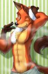  1guy armpit bathroom big_ears canine chest_tuft disney fox furry green_eyes looking_at_viewer navel nick_wilde one_eye_closed orange_fur pecs simple_background smile steam tail tan_fur toothbrush towel underwear water wink zootopia 