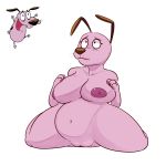 1girl 2017 anthro belly big_breasts breast_rest breasts canine cartoon_network courage courage_the_cowardly_dog courage_the_cowardly_dog_(character) crossgender cute dog fur furry hand_on_breast high_res komponi lol_comments mammal navel nipples nude pink_fur pink_nipples pussy simple_background slightly_chubby white_background