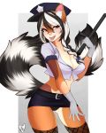  1girl 2015 abstract_background absurd_res amber_eyes anthro baton belt black_fur black_tail blush bra breasts brown_fur cleavage clothed clothing club_(weapon) digital_media_(artwork) fur furry gloves hair hat high_res legwear long_hair looking_at_viewer melee_weapon midriff miniskirt multicolored_tail navel nightstick open_mouth panties pink_nose police portrait ribbons ringtail shirt skimpy skirt smile spittfire_(artist) standing stockings teeth three-quarter_portrait tongue tongue_out underwear watermark weapon white_fur white_hair white_tail 