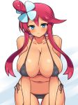 alluring arched_back belly bent_over big_breasts black_bikini blush cameltoe chro_(rulurullu) collarbone fuuro_(pokemon) hair_ornament huge_breasts large_breasts leaning_forward long_hair looking_at_viewer pokemon pokemon_(game) pokemon_bw red_hair redhead side-tie_bikini skyla stomach swimsuit