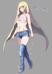 2017 areolae blonde blush breasts bush clothed curvy dated denim denim_shorts fuck-me_shirt fuck_me_(text) heart heels hips looking_at_viewer lusamine meme_attire milf navel nipples pokemon pokemon_sm pubic_hair shiroinuchikusyo sweatdrop thigh_highs toes underboob very_long_hair