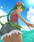 ass dark-skinned_female dark_skin flower flower_on_head green_eyes green_hair hair_flower hair_ornament kuro_(be_ok) long_hair looking_back mallow mallow_(pokemon) mao_(pokemon) non-nude ocean pokemon pokemon_(game) pokemon_sm sideboob smile twintails underboob water