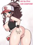 1girl :o ass blue_eyes bottomless breasts breasts_out breasts_out_of_clothes brown_hair chro chro_(rulurullu) creatures_(company) eamtz08 edit female_only female_protagonist_(pokemon_bw2) game_freak hand_on_ass hilda_(pokemon) holding holding_poke_ball humans_of_pokemon light-skinned_female looking_at_viewer looking_back nintendo nude_filter poke_ball pokemon pokemon_(anime) pokemon_(game) pokemon_black_2_&_white_2 pokemon_black_and_white pokemon_bw pokemon_bw2 pussy shirt_open touko_(pokemon) white_(pokemon)