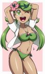 :d ;d arms_behind_head cleavage collared_shirt cute dark-skinned_female dark_skin deviantart flower flower_on_head green_bikini green_eyes green_hair green_swimsuit hair_flower hands_behind_head hips mallow mallow_(pokemon) mao_(pokemon) pokemon pokemon_(game) pokemon_sm scott_bennett signature smile swept_bangs trial_captain white_background wink