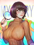 1girl big_breasts brown_eyes brown_hair dressed fair_skin freckles glasses hanna-barbera lips magnifying_glass scooby-doo short_hair simple_background sweater velma_dinkley