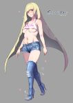 2017 areolae blonde blush breasts bush clothed curvy dated denim denim_shorts fuck-me_shirt fuck_me_(text) heart heels hips looking_at_viewer lusamine meme_attire milf navel nipples pokemon pokemon_sm pubic_hair shiroinuchikusyo sweatdrop thigh_highs toes underboob very_long_hair