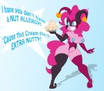 1girl 1girl anthro areola armwear bell blue_eyes breasts clothing cum cum_inside dialogue elbow_gloves english_text equine friendship_is_magic furry gloves horse jester jrvanesbroek legwear mammal mask my_little_pony nipples pinkie_pie_(mlp) pony pose smile stockings text