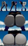 bent_over giant giantess gigantic_ass gigantic_breasts grey_skin huge_ass leotard looking_at_viewer looking_down raven_(dc) ravenravenraven sitting teen_titans town