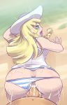 anal anal_sex anus ass bikini blonde blonde_hair clothed cum cum_in_ass cum_inside cum_on_ass cum_on_clothes from_behind green_eyes hat lillie lillie_(pokemon) looking_at_viewer open_mouth pain panties panties_aside pokemon pokemon_(game) pokemon_sm pov sex striped_panties sun_hat underwear_pull