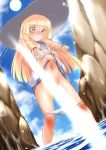 artist_request blush censored embarrassed lillie lillie_(pokemon) panties panties_around_legs panties_down pokemon pokemon_sm porkyman water