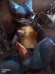 1_boy 1_male 2017 4_fingers anger angry animal_genitalia animal_penis anthro bdsm big_penis black_fur black_nose blue_fur canine chains digitigrade erection fangs fists glowing glowing_eyes high_res looking_at_viewer lucario male male_only mammal nintendo nude paint penis pokémon puinkey red_eyes sitting solo spikes struggling testicles video_games yellow_fur