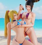 2_girls 3d 3d_(artwork) adeptusinfinitus beach big_breasts bikini black_hair blender blonde_hair blue_eyes breast_grab breasts capcom choker crossover drill_hair fit juri_han lotion metroid muscular nintendo ponytail purple_eyes samus_aran smile street_fighter street_fighter_v suggestive suggestive_fluid thong yuri