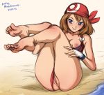 2016 areolae artist_name beach dated haruka_(pokemon) hentai-foundry may may_(pokemon) medium_breasts mina_cream minacream ocean on_back panties panties_aside plantar_flexion pokemon pokemon_(game) pokemon_rse red_panties sand uncensored water