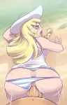  1_boy 1_girl 1boy 1girl anal anal_penetration anal_sex anus ass bare_arms bikini blonde blonde_hair clothed female female_human from_behind green_eyes hat horizontal-striped_panties horizontal_stripes human human/human lillie lillie_(pokemon) looking_at_viewer looking_back male male/female male_human motion_lines open_mouth pain panties panties_aside partially_clothed penis_in_ass pokemon pokemon_(game) pokemon_sm pov sex sleeveless striped_panties sun_hat taken_from_behind underwear_pull 