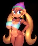 1girl anthro bare_shoulders big_breasts black_background blonde_hair blue_eyes bottomless breasts brown_fur clothed clothing donkey_kong_(series) ear_piercing eyeshadow fur furry hair hand_on_butt hat high_res jewelry long_hair makeup mammal monkey nintendo nitro piercing primate seductive sexy sexy_body sexy_breasts shirt simple_background smile standing tiny_kong video_games